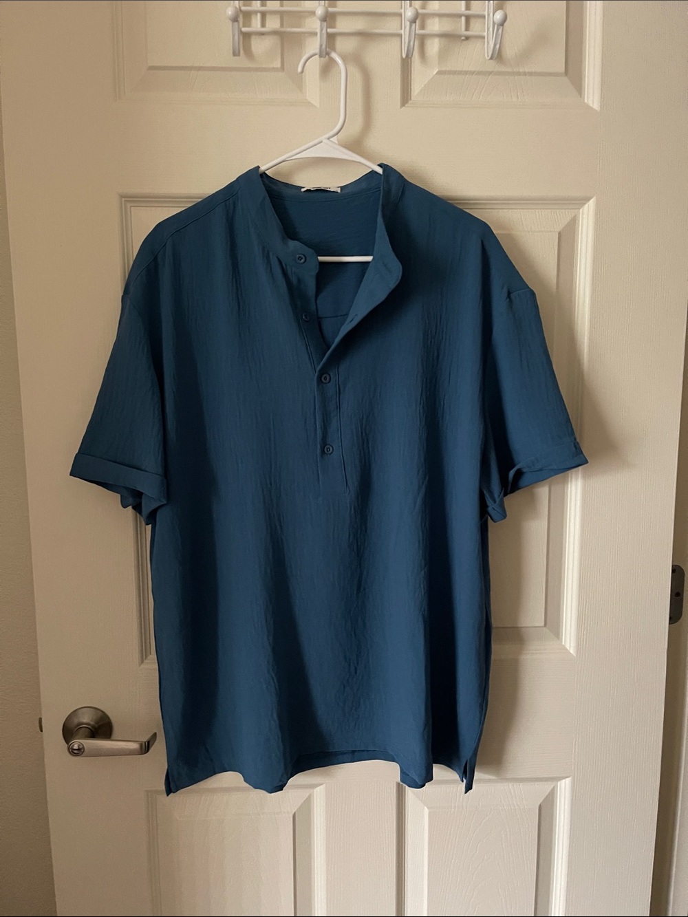 Men's Short-Sleeve Grandad Button-Down Shirt in Teal